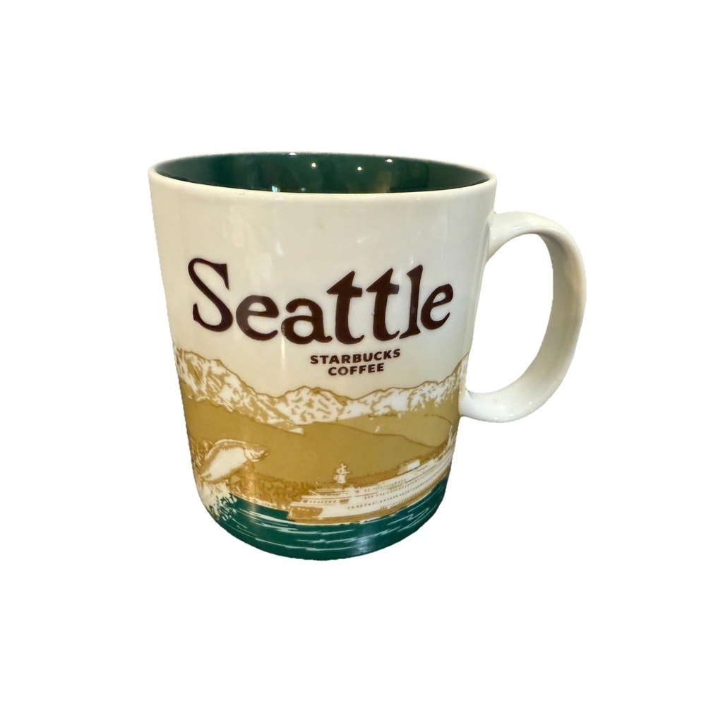 Seattle Starbucks Mug 2009 Collector Series‎ 16 oz City Water Scene Green Inside